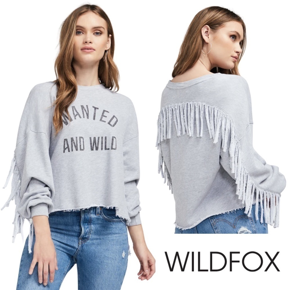 NWT Wildfox Ophelia Fringe Long Balloon Sleeve Jewel Neck Raw Hem Pullover